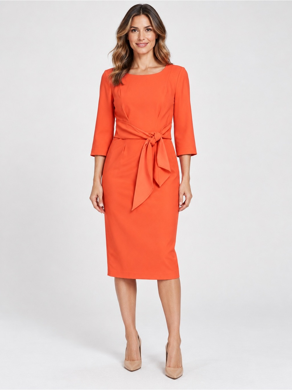NWT New Adrianna Papell Orange Knit Crepe Tie Waist Sheath Dress Size 6
